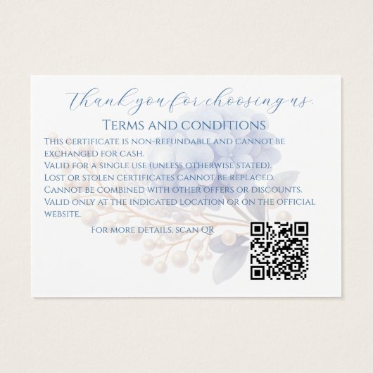 Elegant Blue Hydrangea Gift Kaart Klantvoucher (Achterkant)