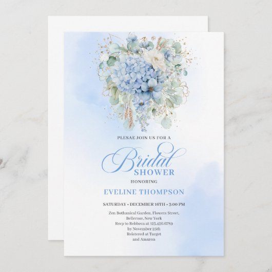 Elegant Blue Hydrangea Gold Bridal Shower Invite Kaart (Voorkant / Achterkant)