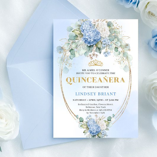 Elegant Blue Hydrangea Gold Quinceañera Invitation Kaart