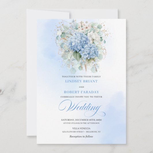 Elegant Blue Hydrangea Gold Script Wedding Invite Kaart (Voorkant)