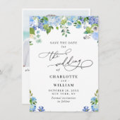 Elegant Blue Hydrangea Greenery Photo Wedding QR Save The Date (Voorkant / Achterkant)