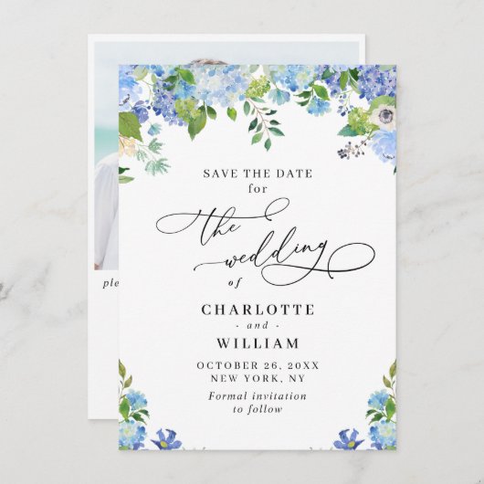 Elegant Blue Hydrangea Greenery Photo Wedding QR Save The Date (Voorkant / Achterkant)