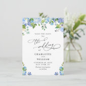 Elegant Blue Hydrangea Greenery Photo Wedding QR Save The Date (Staand voorkant)