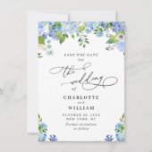 Elegant Blue Hydrangea Greenery Photo Wedding QR Save The Date (Voorkant)