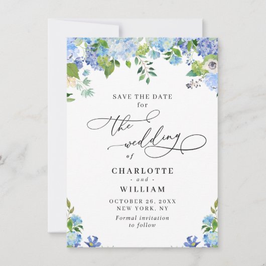 Elegant Blue Hydrangea Greenery Photo Wedding QR Save The Date (Voorkant)
