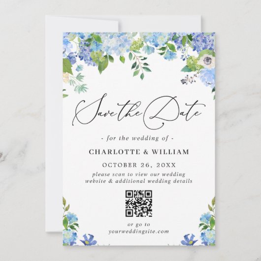 Elegant Blue Hydrangea Greenery Photo Wedding QR Save The Date (Voorkant)