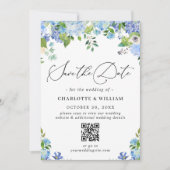 Elegant Blue Hydrangea Greenery Photo Wedding QR Save The Date (Voorkant)