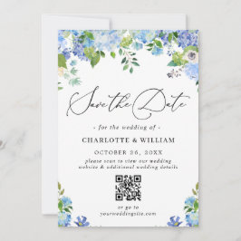 Elegant Blue Hydrangea Greenery Photo Wedding QR Save The Date