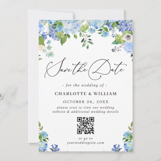 Elegant Blue Hydrangea Greenery Photo Wedding QR Save The Date (Voorkant)