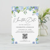 Elegant Blue Hydrangea Greenery Photo Wedding QR Save The Date (Staand voorkant)