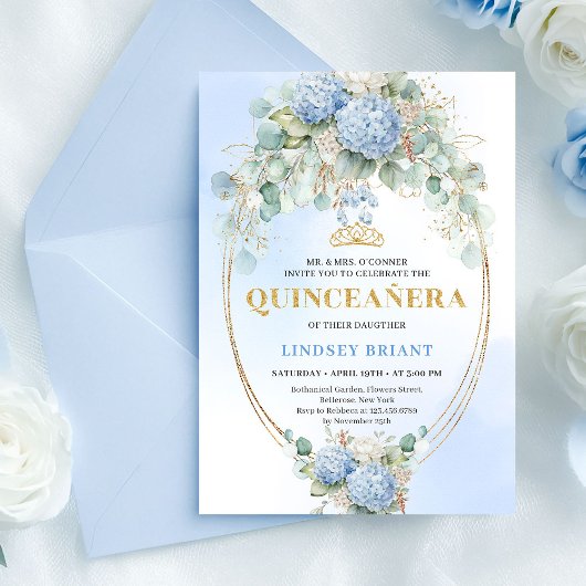 Elegant Blue Hydrangea Greenery Quince Invite Kaart