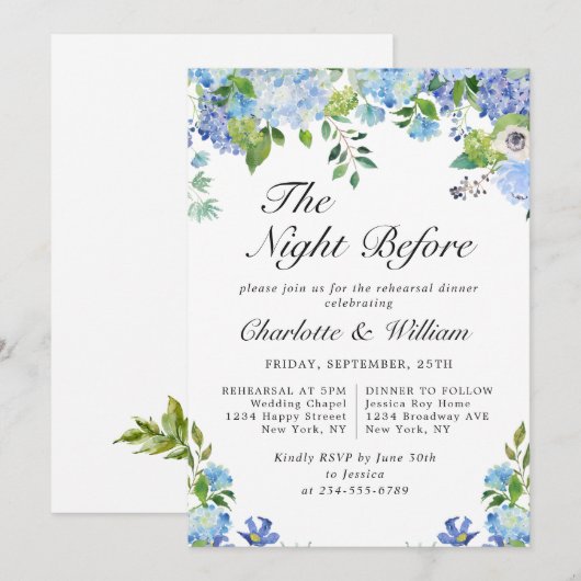 Elegant Blue Hydrangea Greenery Rehearsal Dinner Kaart (Voorkant / Achterkant)