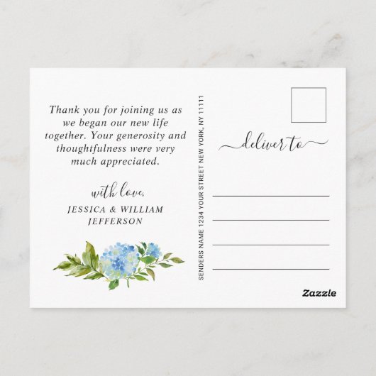 Elegant Blue Hydrangea Greenery Wedding Bedankt Briefkaart (Achterkant)