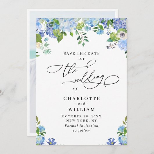 Elegant Blue Hydrangea Greenery Wedding Photo Save The Date (Voorkant / Achterkant)