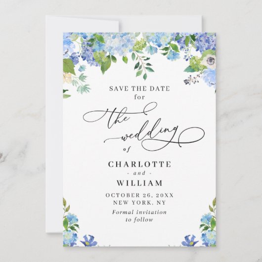 Elegant Blue Hydrangea Greenery Wedding QR Save The Date (Voorkant)