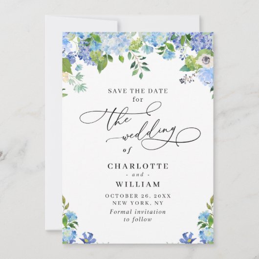 Elegant Blue Hydrangea Greenery Wedding Save The Date (Voorkant)