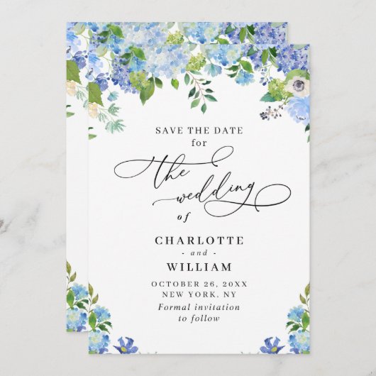 Elegant Blue Hydrangea Greenery Wedding Save The Date (Voorkant / Achterkant)