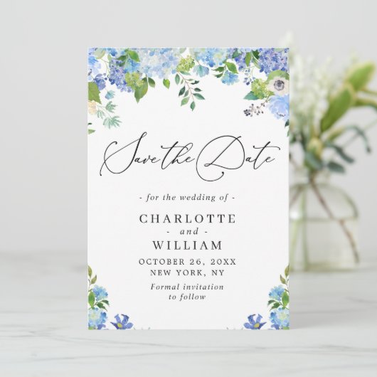 Elegant Blue Hydrangea Greenery Wedding Save The Date (Staand voorkant)