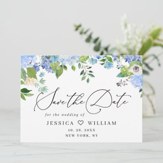 Elegant Blue Hydrangea Greenery Wedding Save The Date (Staand voorkant)