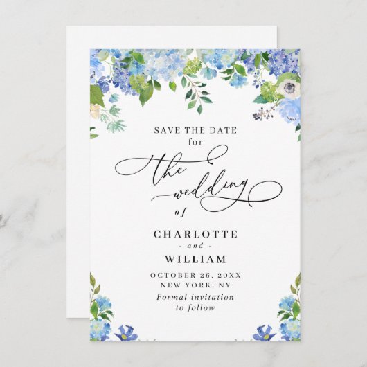 Elegant Blue Hydrangea Greenery Wedding Save The Date (Voorkant / Achterkant)