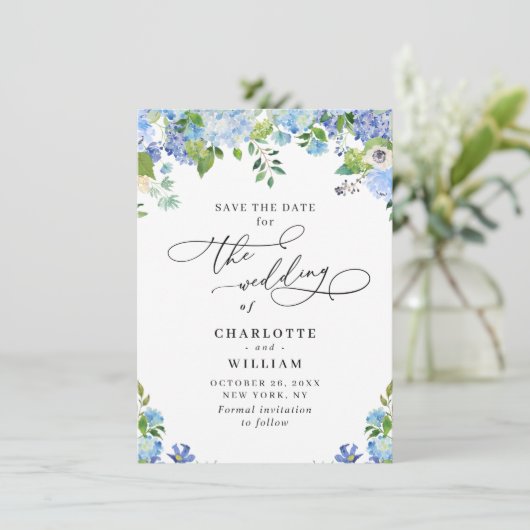 Elegant Blue Hydrangea Greenery Wedding Save The Date (Staand voorkant)