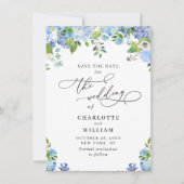 Elegant Blue Hydrangea Greenery Wedding Save The Date (Voorkant)