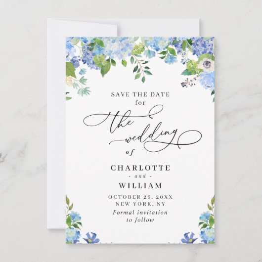 Elegant Blue Hydrangea Greenery Wedding Save The Date (Voorkant)