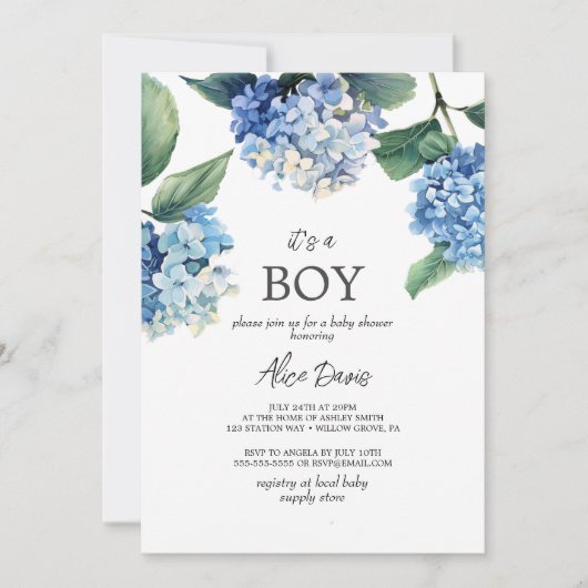 Elegant Blue Hydrangea Het is een Baby shower van  Kaart (Voorkant)