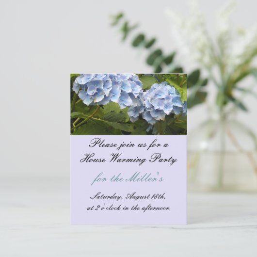 Elegant Blue Hydrangea House Warming Invitation Kaart (Staand voorkant)