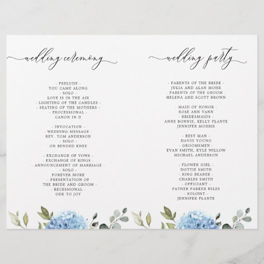 Elegant Blue Hydrangea huwelijksceremonie programm (Achterkant)