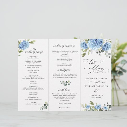 Elegant Blue Hydrangea huwelijksceremonie programm (Staand voorkant)
