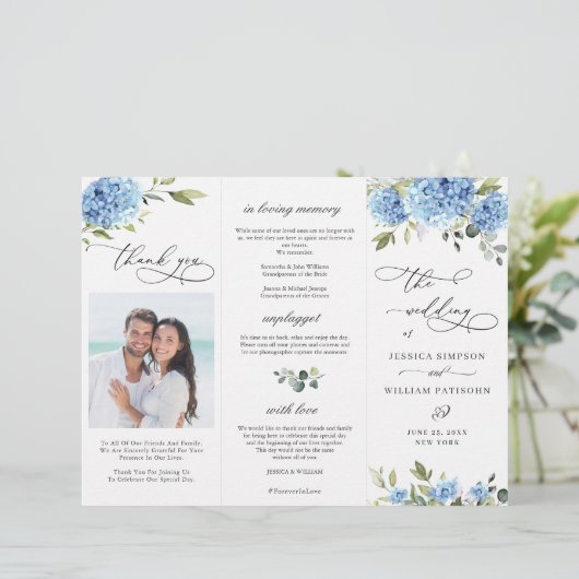 Elegant Blue Hydrangea huwelijksceremonie programm (Staand voorkant)