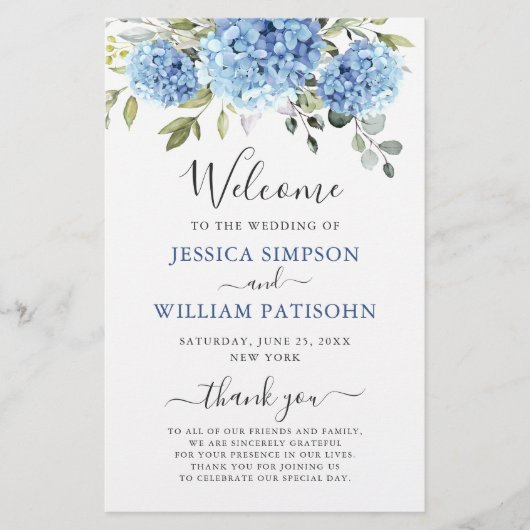 Elegant Blue Hydrangea huwelijksceremonie programm (Voorkant)