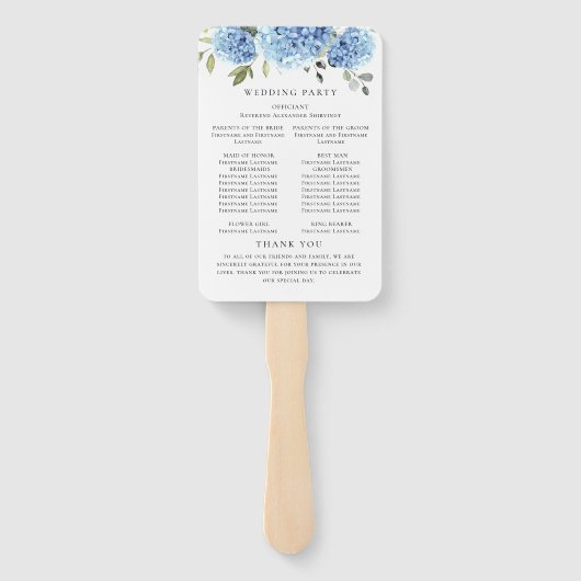Elegant Blue Hydrangea huwelijksceremonie programm Handwaaier (Achterkant)