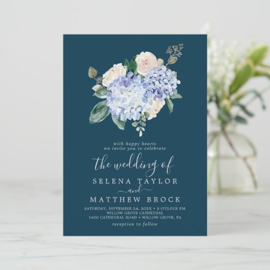 Elegant Blue Hydrangea | marine all in one Wedding Kaart (Staand voorkant)