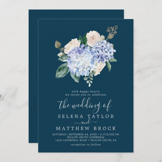 Elegant Blue Hydrangea | marine all in one Wedding Kaart (Voorkant / Achterkant)