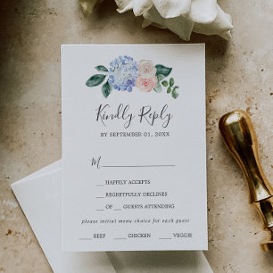 Elegant Blue Hydrangea Menu Keuze RSVP-kaart