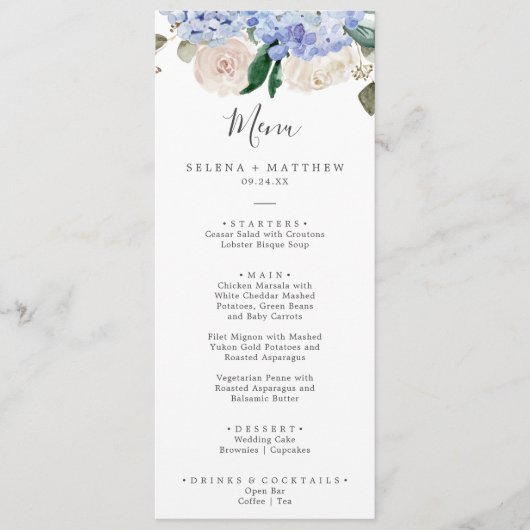 Elegant Blue Hydrangea | Menu Wit-weddenschap (Voorkant)