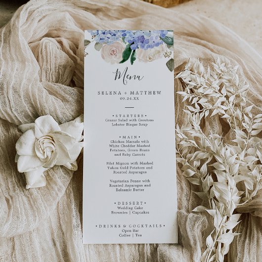 Elegant Blue Hydrangea | Menu Wit-weddenschap