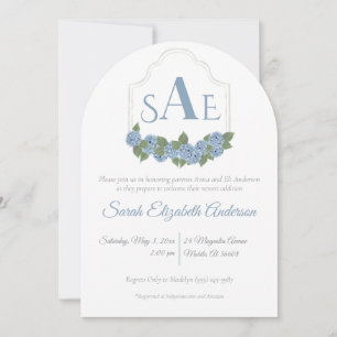 Elegant Blue Hydrangea Monogram Crest Baby shower Kaart