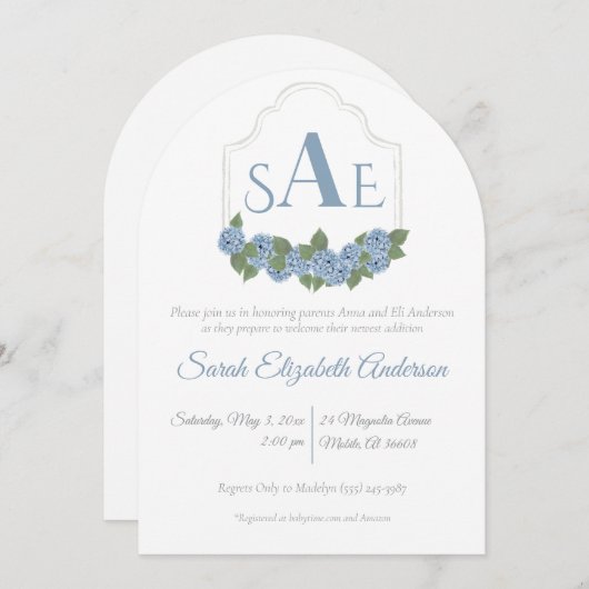 Elegant Blue Hydrangea Monogram Crest Baby shower Kaart (Voorkant / Achterkant)