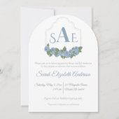 Elegant Blue Hydrangea Monogram Crest Baby shower Kaart (Voorkant)