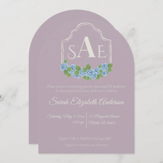 Elegant Blue Hydrangea Monogram Crest Baby shower Kaart (Voorkant / Achterkant)