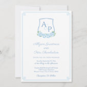 Elegant Blue Hydrangea Monogram Crest Wedding Kaart (Voorkant)