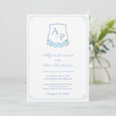 Elegant Blue Hydrangea Monogram Crest Wedding Kaart (Staand voorkant)