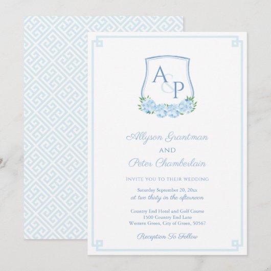 Elegant Blue Hydrangea Monogram Crest Wedding Kaart (Voorkant / Achterkant)