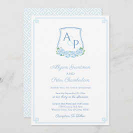 Elegant Blue Hydrangea Monogram Crest Wedding Kaart