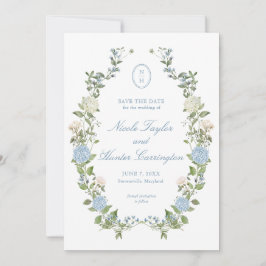 Elegant Blue Hydrangea Monogram Save the Date Kaart