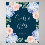 Elegant Blue Hydrangea Navy Cards and Gifts Sign Poster<br><div class="desc">This elegant blue hydrangea navy cards and gifts sign is perfect for a spring or summer wedding or bridal shower. The classic floral design features soft powder blue watercolor hydrangeas accented with neutral blush pink flowers and green leaves. The line of text at the bottom of the sign can be...</div>