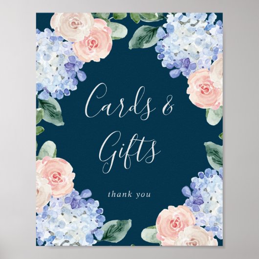 Elegant Blue Hydrangea Navy Cards and Gifts Sign Poster (Voorkant)